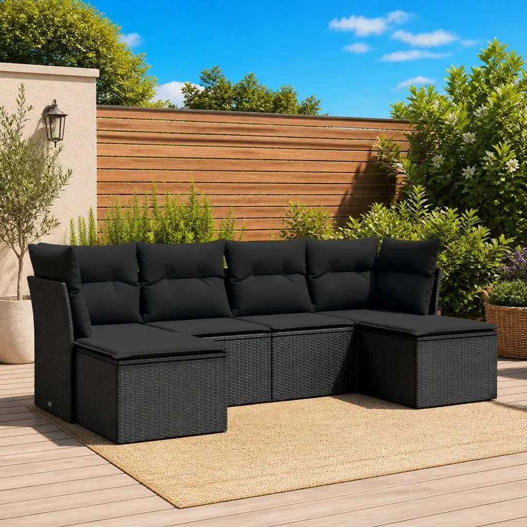 Outdoor Sofa Set 6 Piece Modular Black PE Rattan with Cushions for Patio and Garden