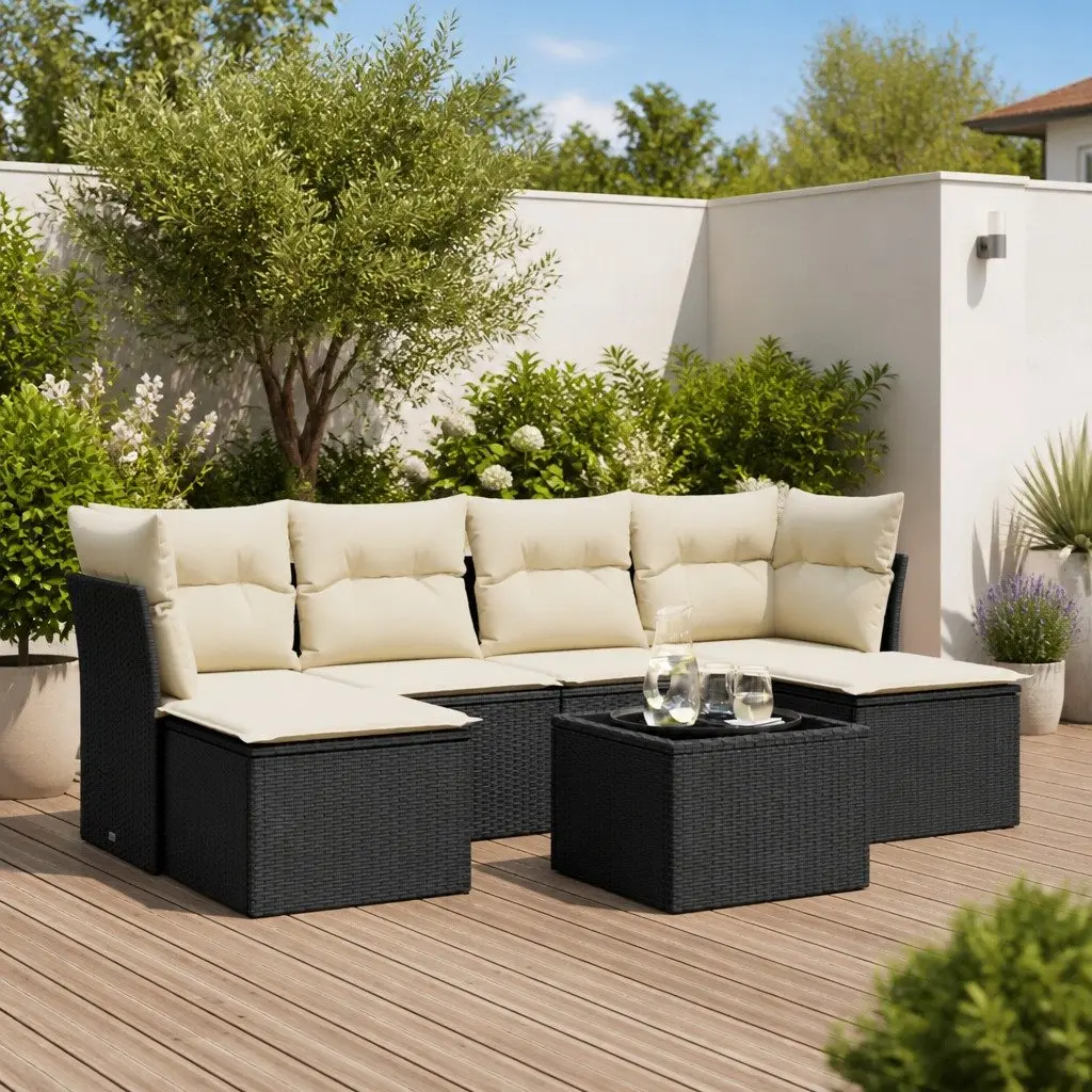 7 Piece Garden Sofa Set PE Rattan Black Outdoor Furniture Patio Lounge