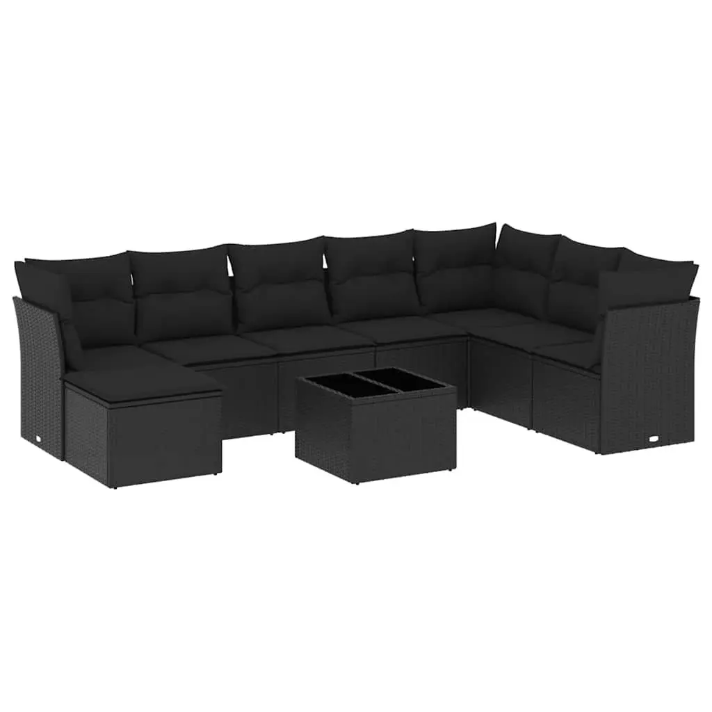 9PieceBlackPolyRattanSofaSetWithCushionsAndTemperedGlassTabletopForOutdoorGardenPatioFurniture