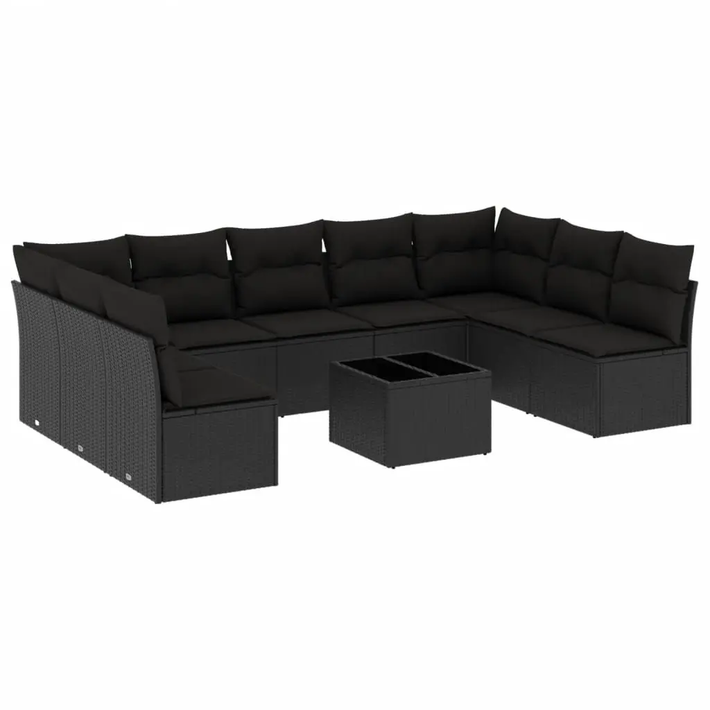 10 Piece Modular Outdoor Patio Furniture Set Black PE Rattan Sofa with Cushions and Tempered Glass Table
