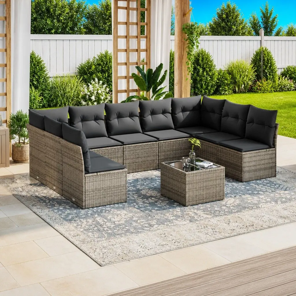 10 Piece Grey Patio Furniture Set Poly Rattan Outdoor Sofa with Cushions