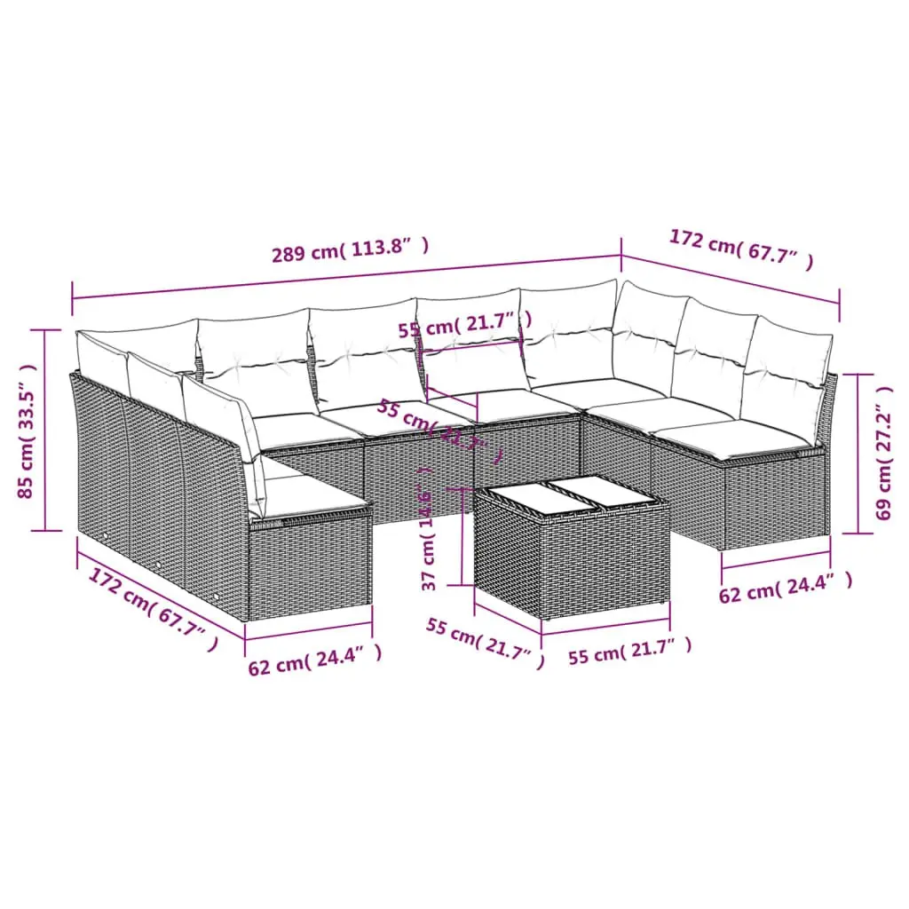 10 Piece Grey Patio Furniture Set Poly Rattan Outdoor Sofa with Cushions