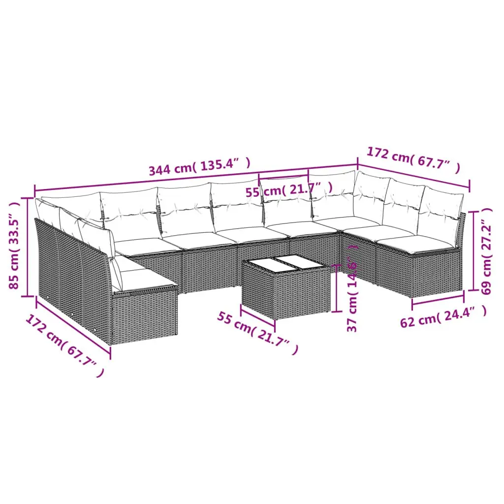 Garden Sofa Set 11 Piece Outdoor Furniture Black Poly Rattan Cushions Patio