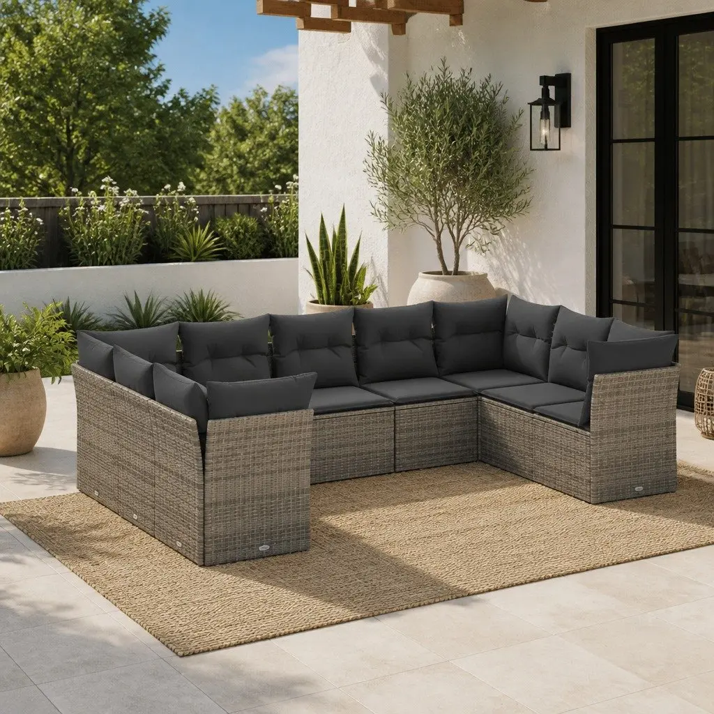 Garden Sofa Set PE Rattan 9 Piece Outdoor Furniture Patio Sectional with Cushions Grey