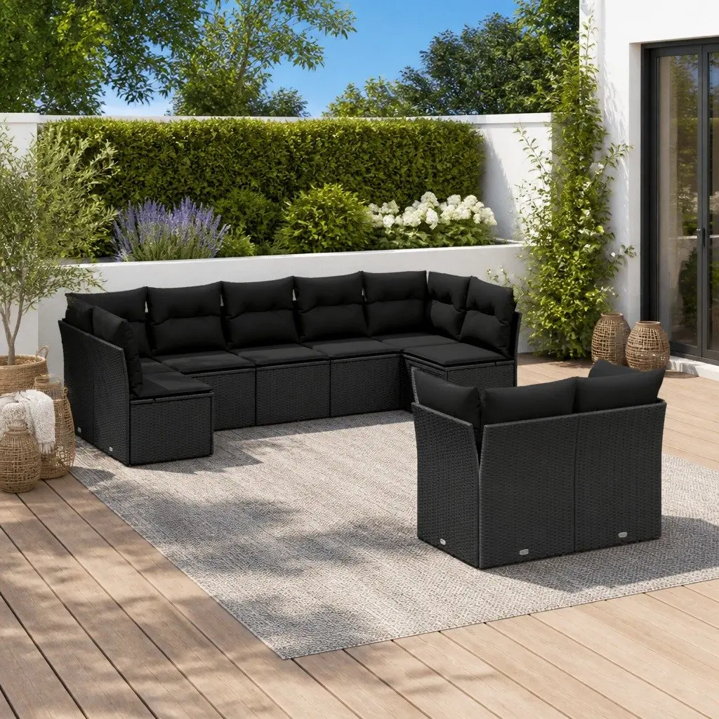 Outdoor Sofa Set 9 Piece Garden Furniture Black Rattan Cushions Patio Seating