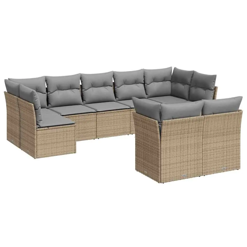 Garden Sofa Set 9 Piece Outdoor Furniture Beige Poly Rattan Cushions Patio