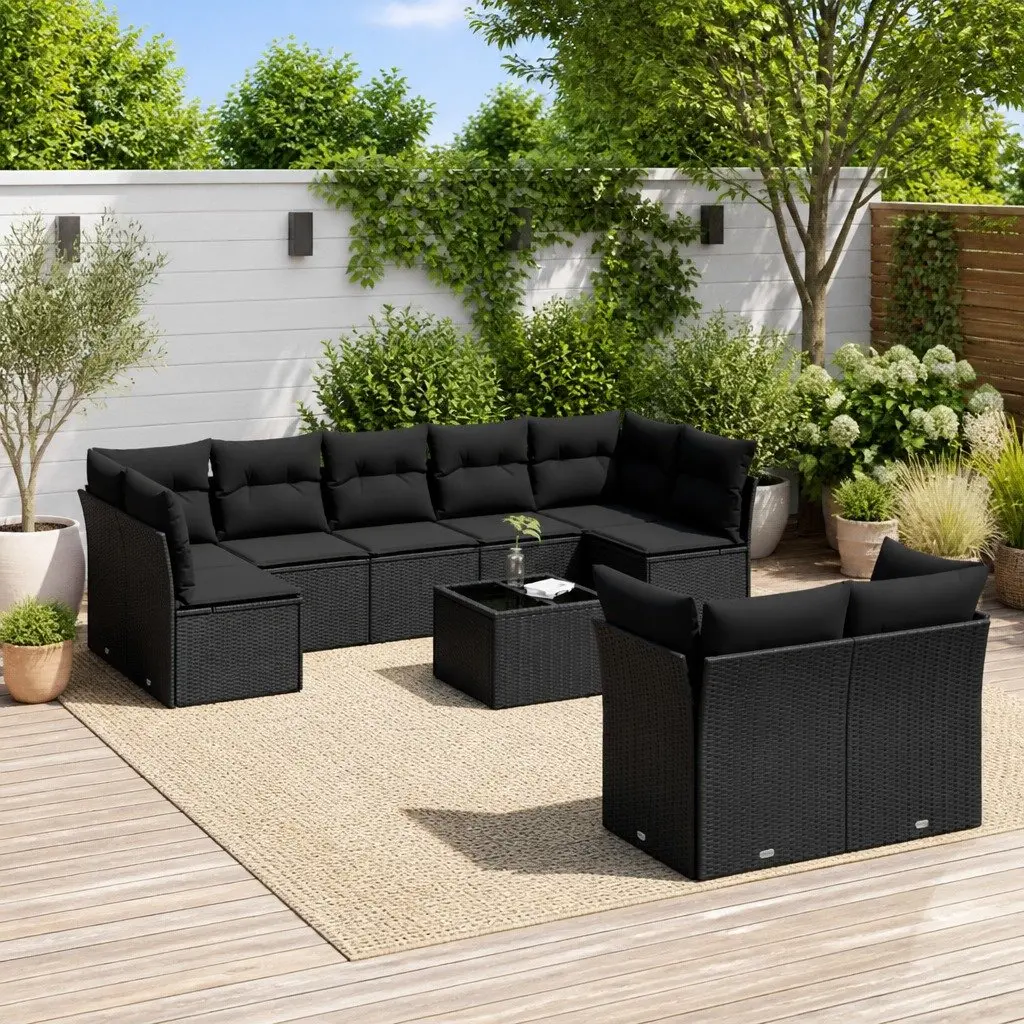 10 Piece Garden Sofa Set Modular Outdoor Furniture Black PE Rattan with Tempered Glass Tabletop and Thickly Padded Cushions