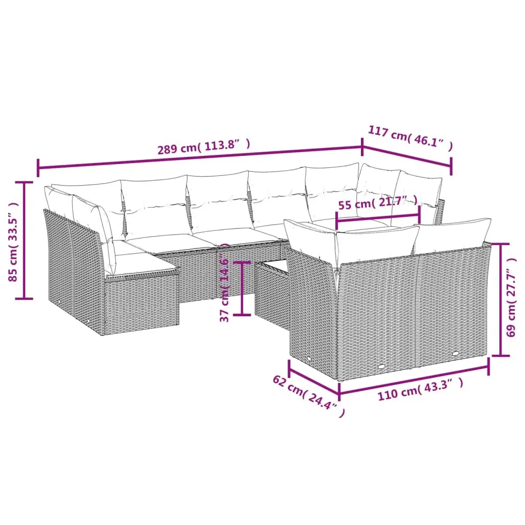 10 Piece Garden Sofa Set Modular Outdoor Furniture Black PE Rattan with Tempered Glass Tabletop and Thickly Padded Cushions