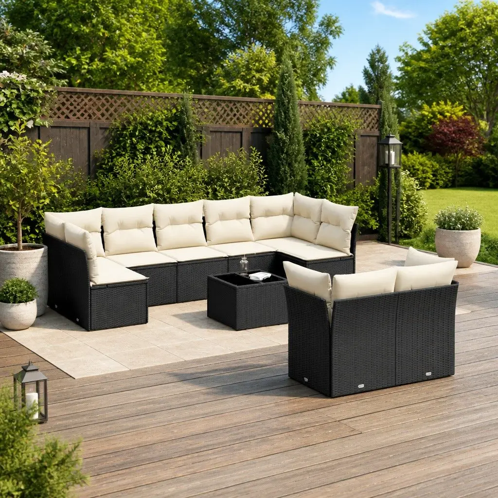 Garden Sofa Set PE Rattan 10 Piece Outdoor Furniture Black Cushions Tempered Glass