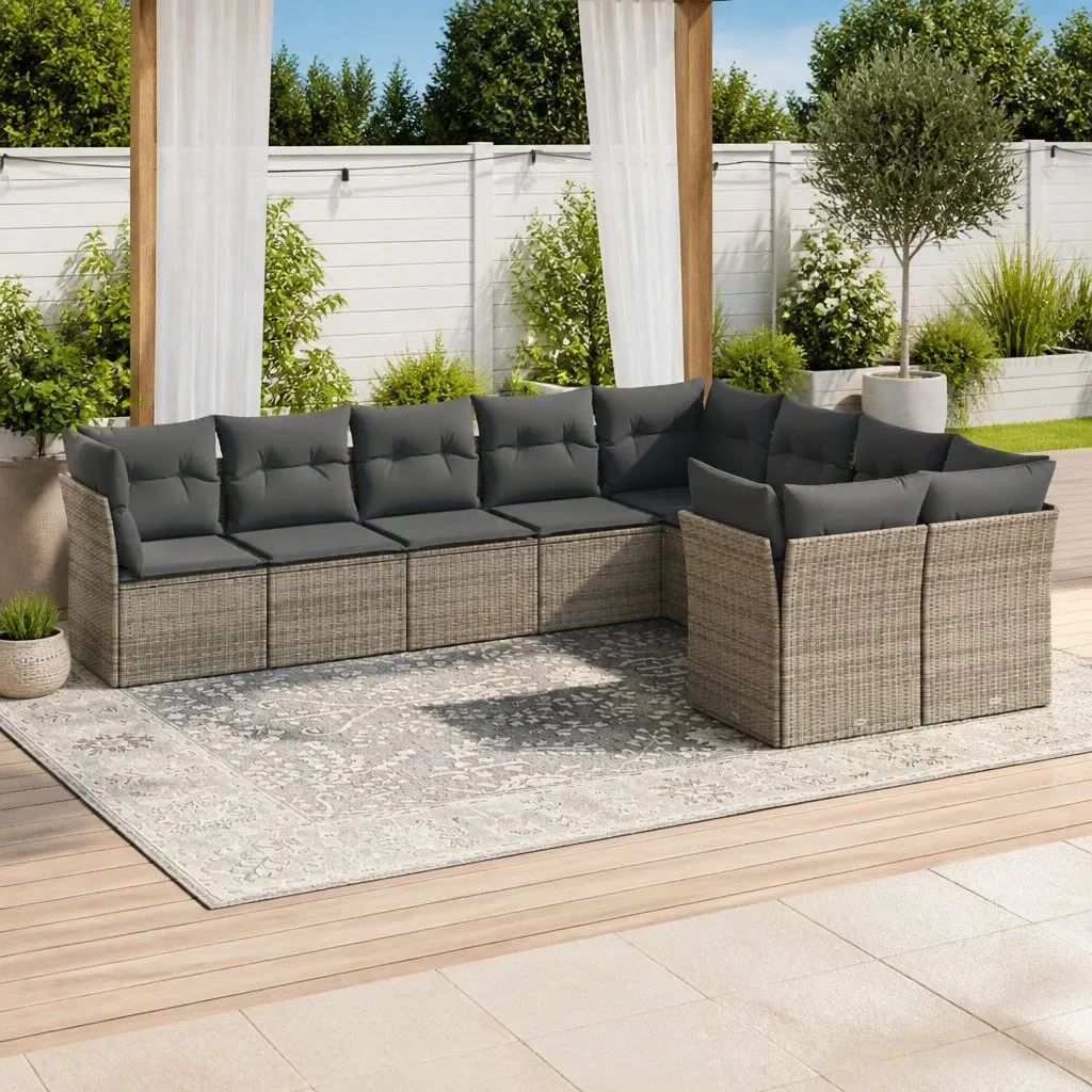9 Piece Outdoor Sofa Set Grey PE Rattan Patio Furniture with Cushions