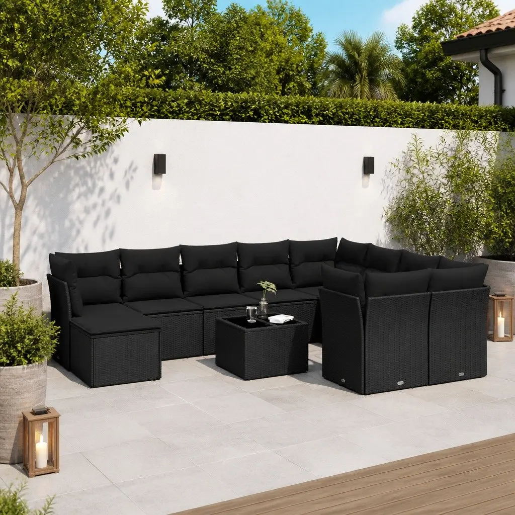 10 Piece Patio Furniture Set Modular Black PE Rattan Garden Sofa with Cushions and Tempered Glass Table