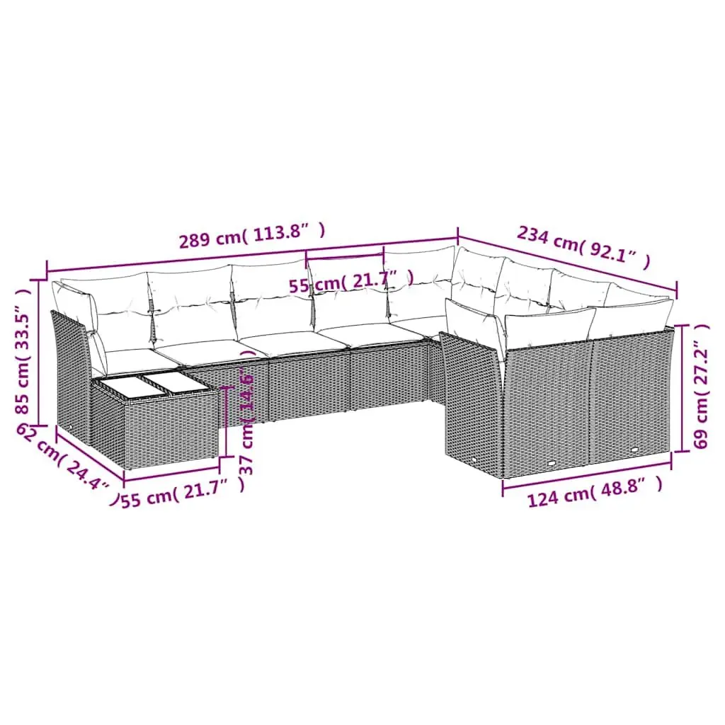 10 Piece Patio Furniture Set Modular Black PE Rattan Garden Sofa with Cushions and Tempered Glass Table