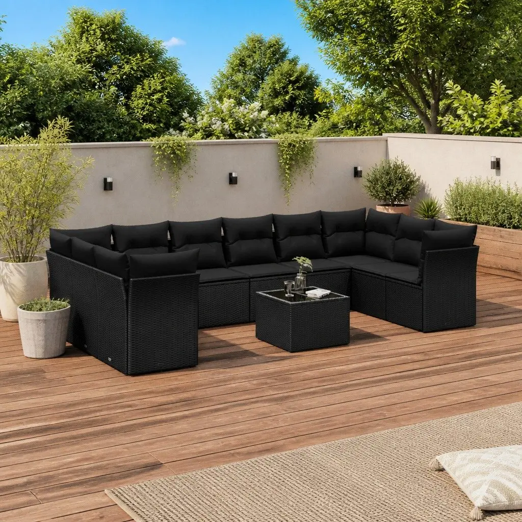 Outdoor Sofa Set 11 Piece Black Poly Rattan Cushions