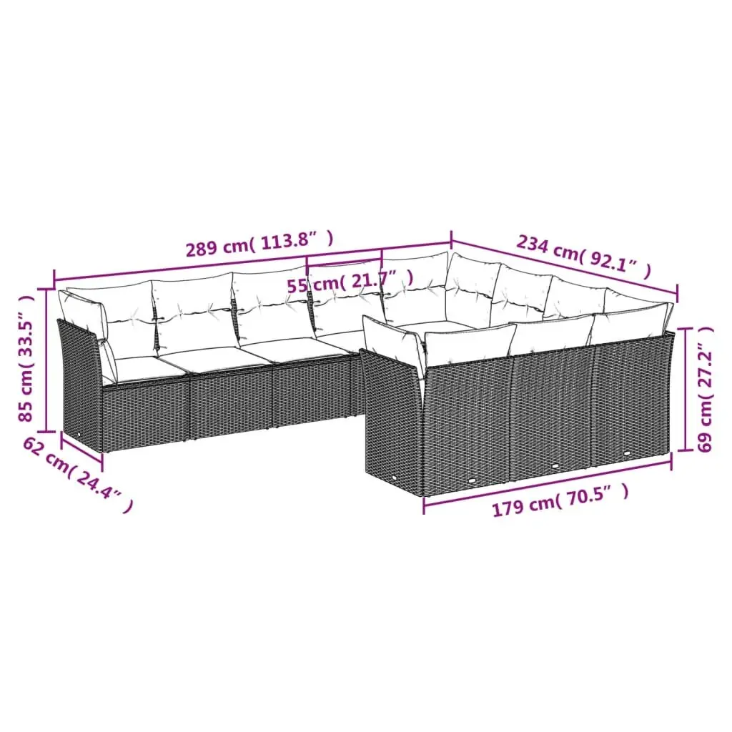 Outdoor Garden Sofa Set 10 Piece Modular Patio Furniture Grey Cushions Rattan