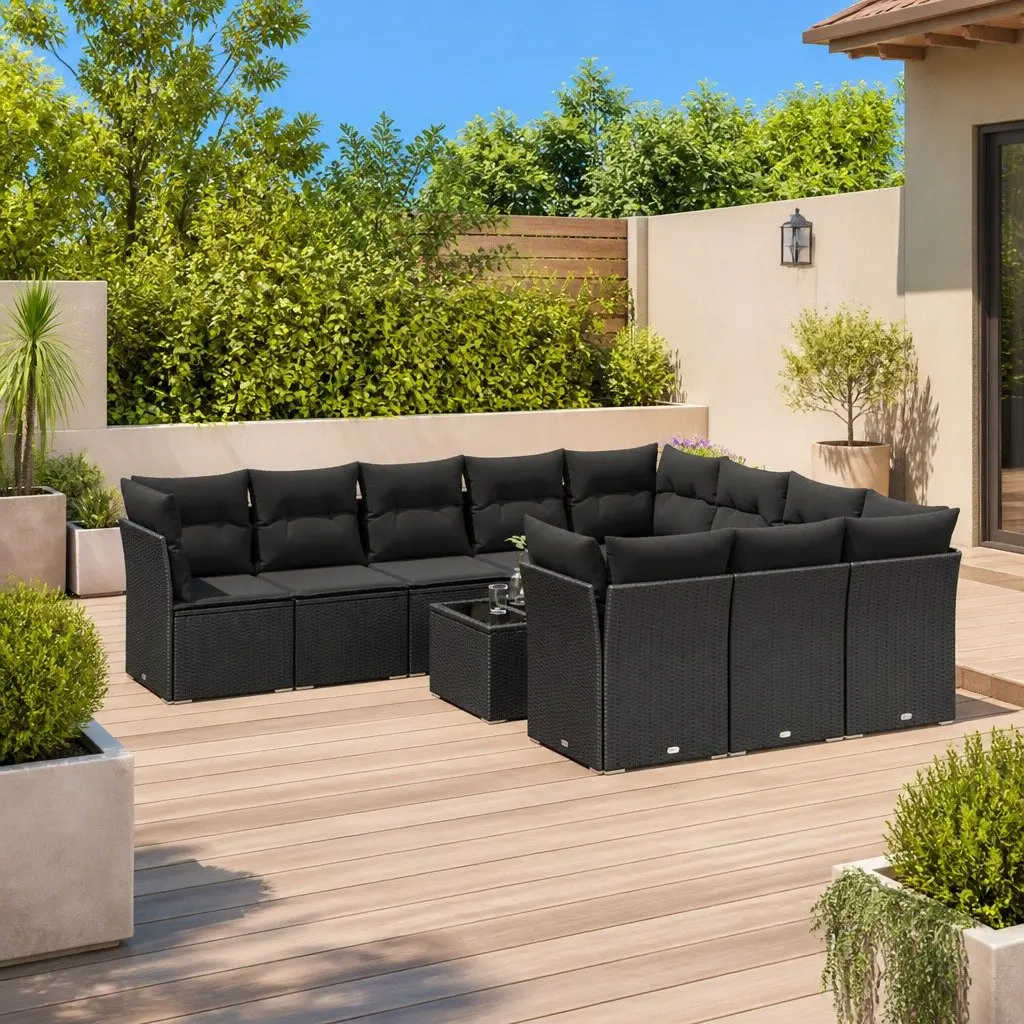 11PieceModularGardenSofaSetBlackPErattanOutdoorFurniturewithCushionsandTemperedGlassTableTop