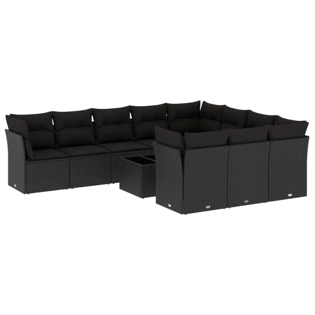 11PieceModularGardenSofaSetBlackPErattanOutdoorFurniturewithCushionsandTemperedGlassTableTop
