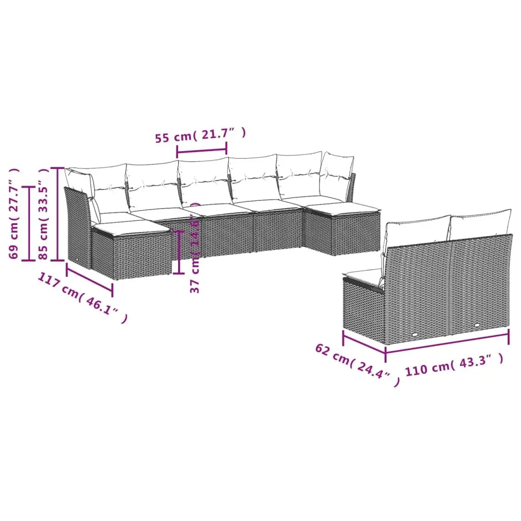 Garden Sofa Set 9 Piece Outdoor Furniture Grey Rattan Modular Patio Sectional