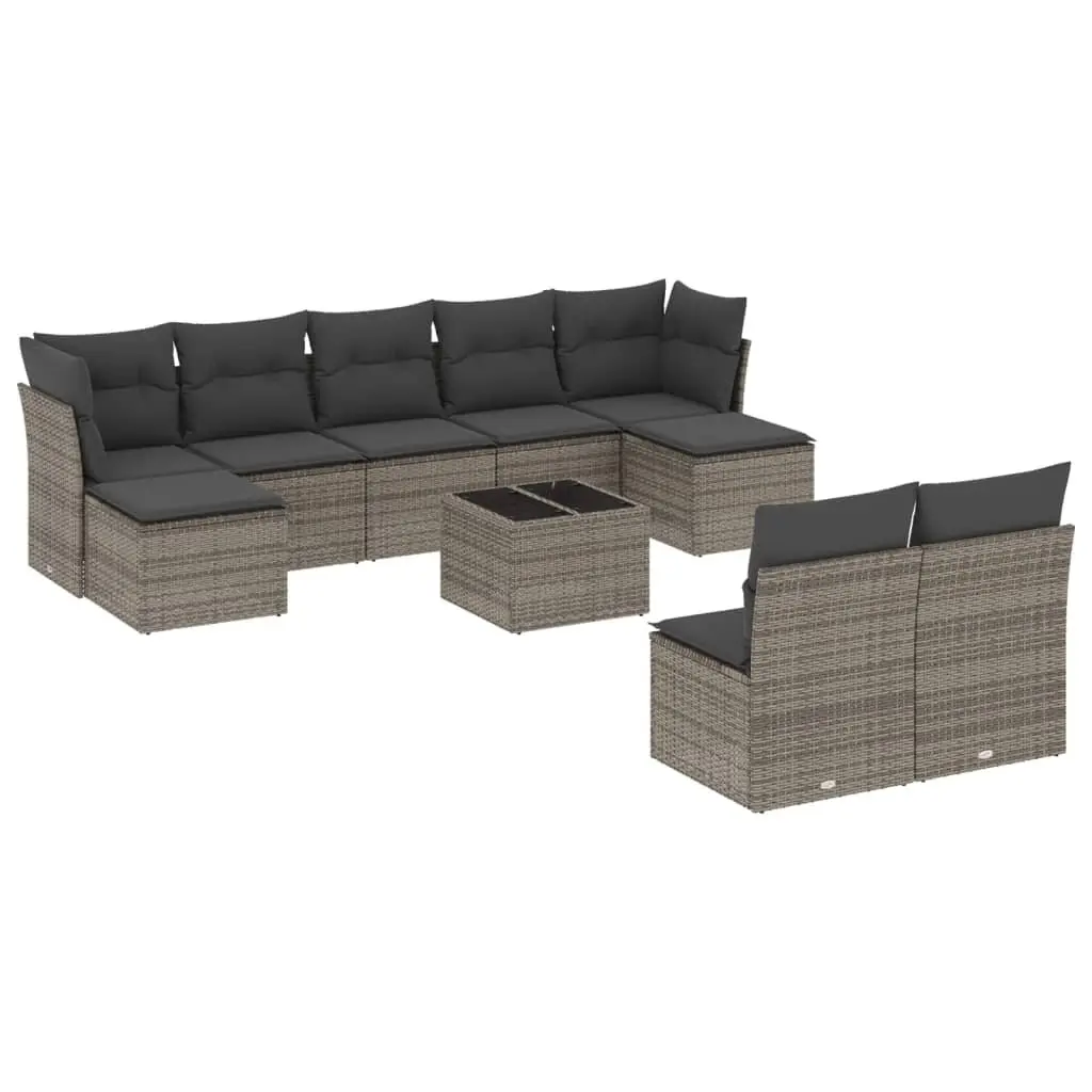 10 Piece Grey Poly Rattan Outdoor Lounge Furniture Set with Tempered Glass Top and Thick Cushions for Patio and Garden
