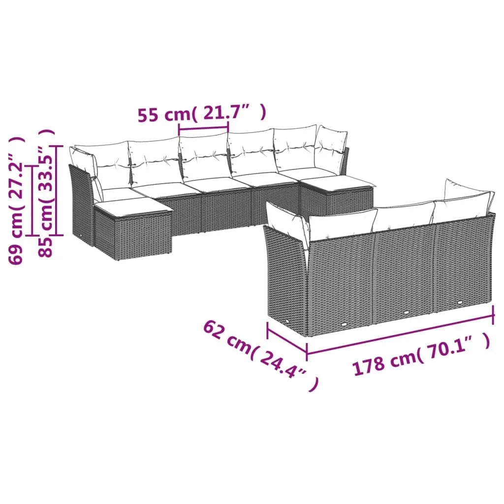 Garden Sofa Set 10 Piece Outdoor Furniture Patio Sectional Modular Grey Cushions