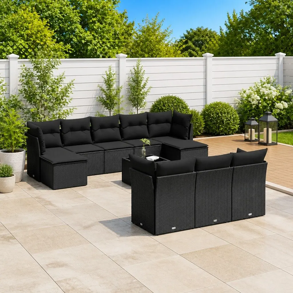 11 Piece Modular Outdoor Sofa Set Black PE Rattan with Cushions and Tempered Glass Tabletop