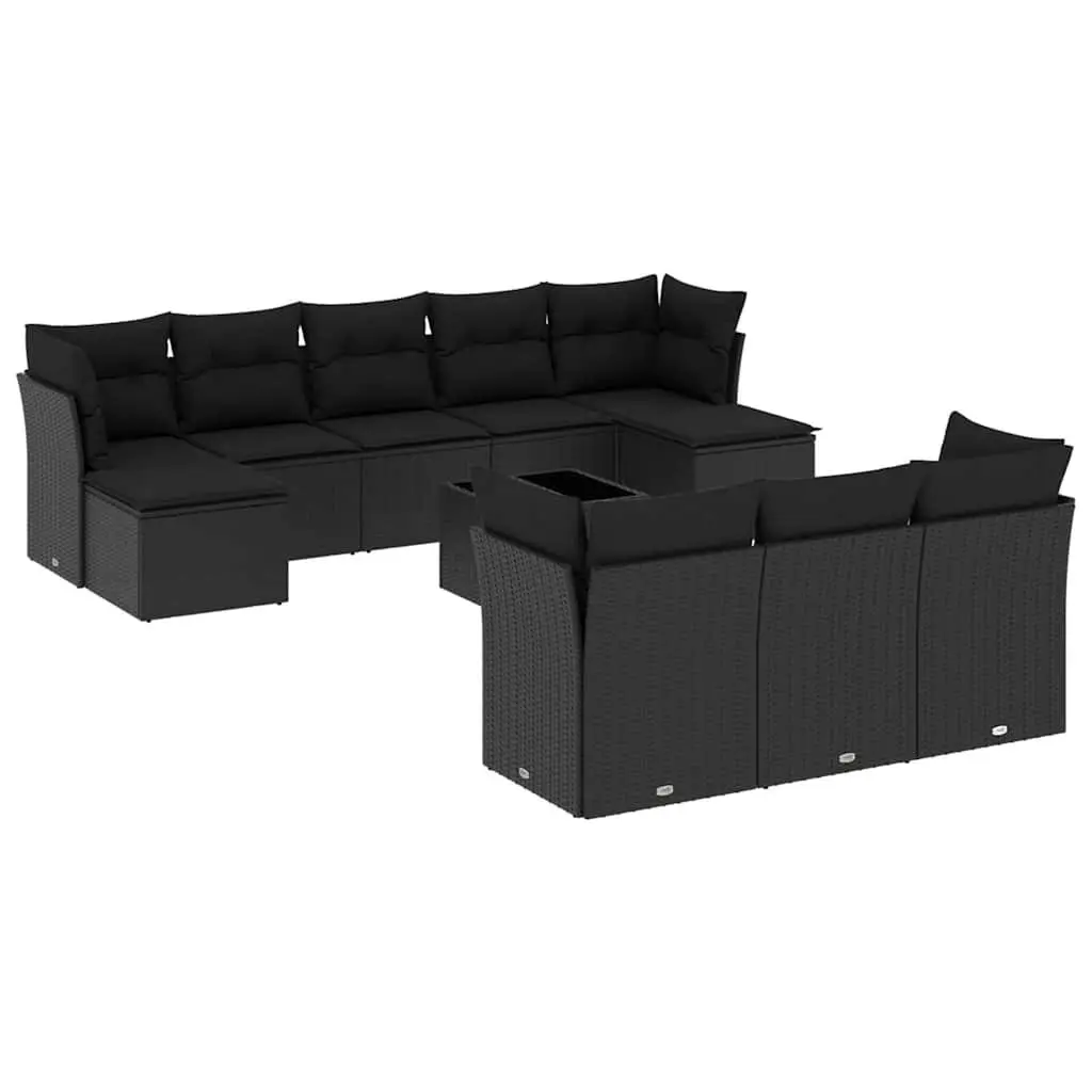 11 Piece Modular Outdoor Sofa Set Black PE Rattan with Cushions and Tempered Glass Tabletop