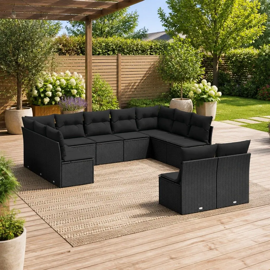 Garden Sofa Set 11 Piece Outdoor Furniture Patio Black Poly Rattan Modular