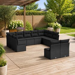 Garden Sofa Set 11 Piece Outdoor Furniture Patio Black Poly Rattan Modular