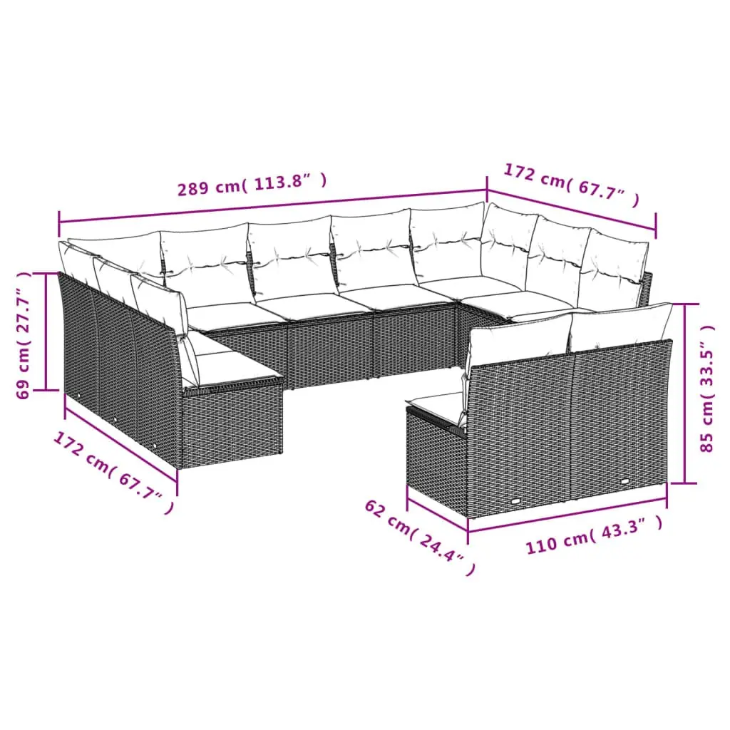 Outdoor Garden Sofa Set 11 Piece Modular Patio Furniture Black with Cushions