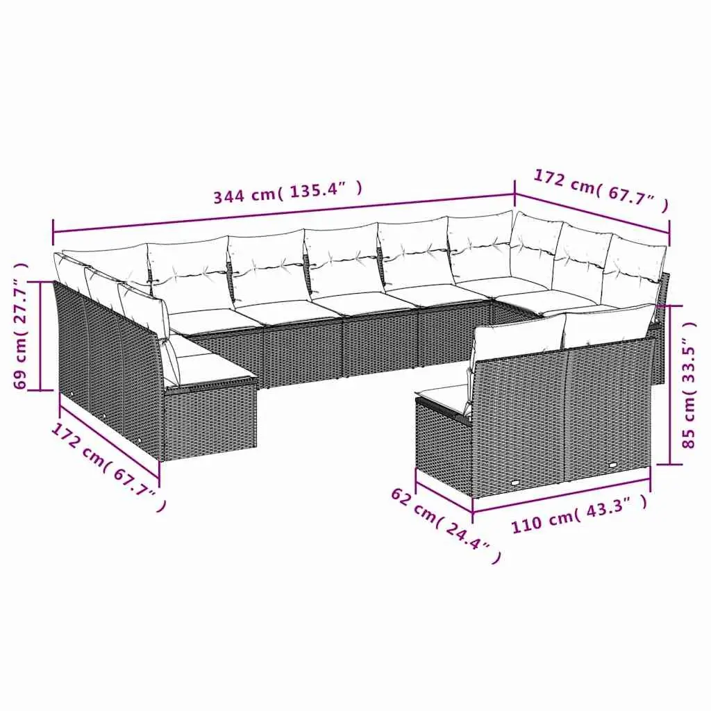 Garden Sofa Set 12 Piece Outdoor Furniture Patio Sectional with Cushions Black