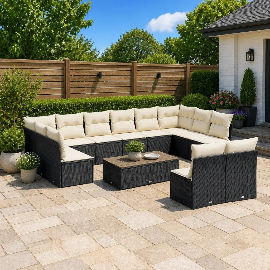 Garden Sofa Set PE Rattan 12 Piece Outdoor Furniture Black Modular Patio