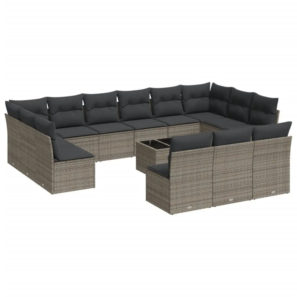14 Piece Modular Garden Sofa Set Grey Weather Resistant Poly Rattan with Cushions and Tempered Glass Top