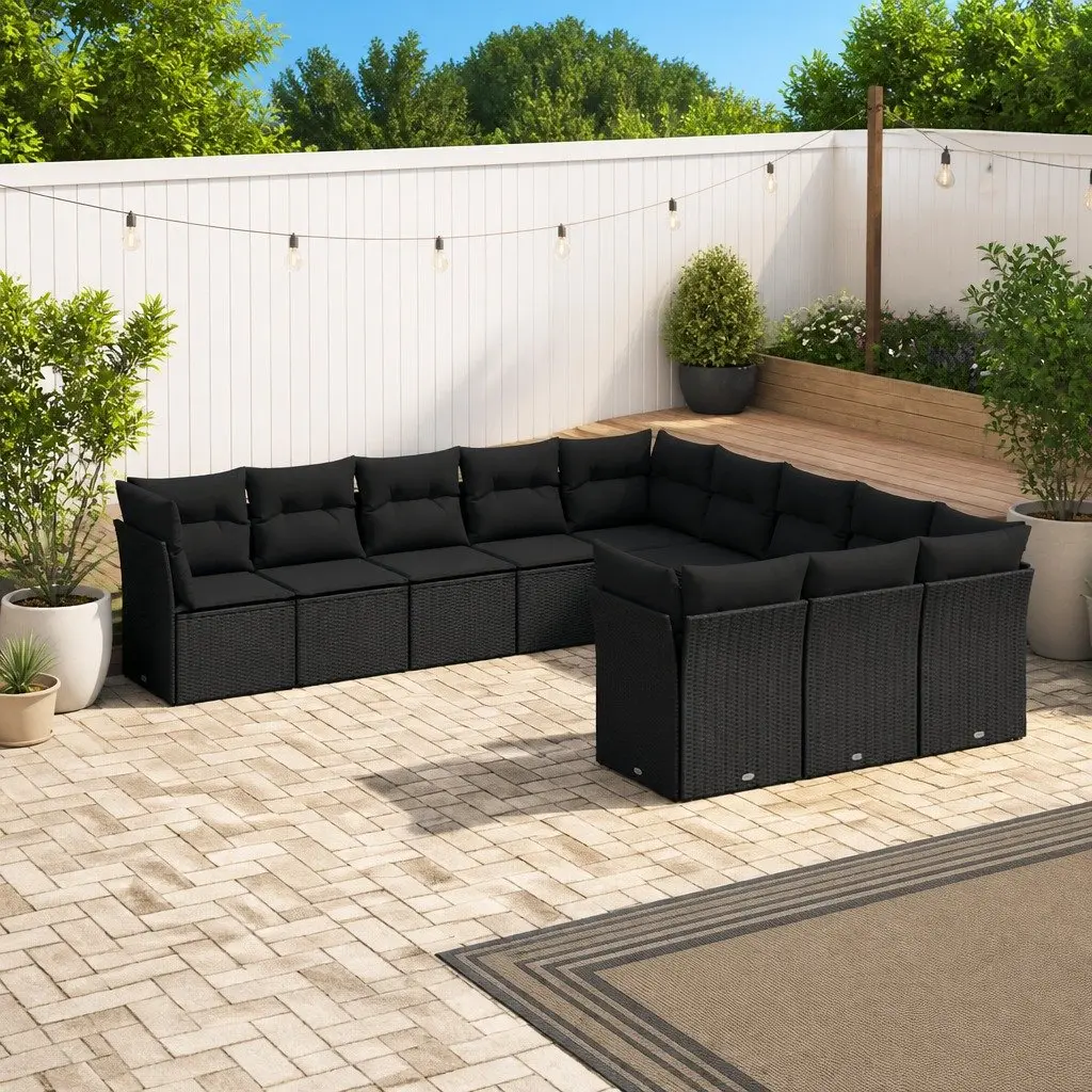 Outdoor Garden Sofa Set 11 Piece Black Poly Rattan Modular Patio Furniture with
