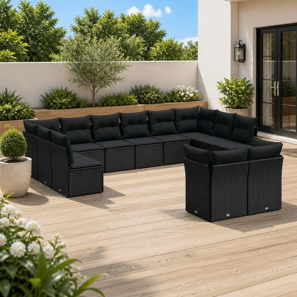 Garden Sofa Set 12 Piece Outdoor Furniture Black Poly Rattan with Cushions