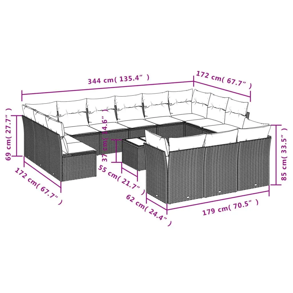 Garden Sofa Set PE Rattan Modular 14 Piece Outdoor Patio Furniture Black with Cushions