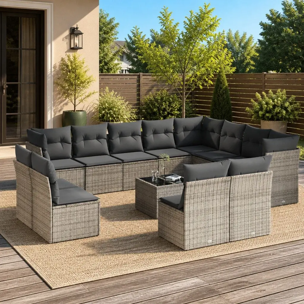 Garden Sofa Set PE Rattan 13 Piece Outdoor Furniture Patio Grey with Cushions Modular