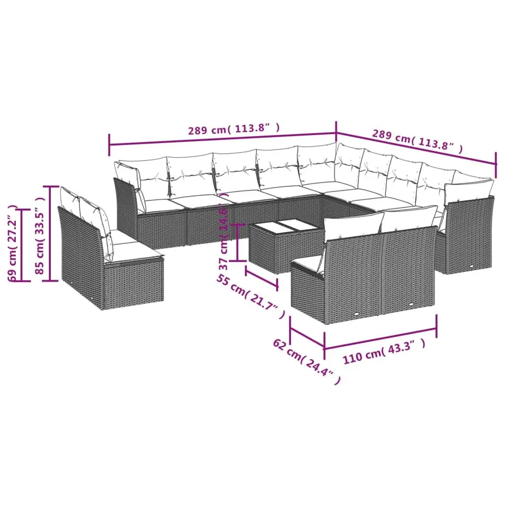 Outdoor Garden Sofa Set 14 Piece Black Poly Rattan Patio Furniture with Cushions