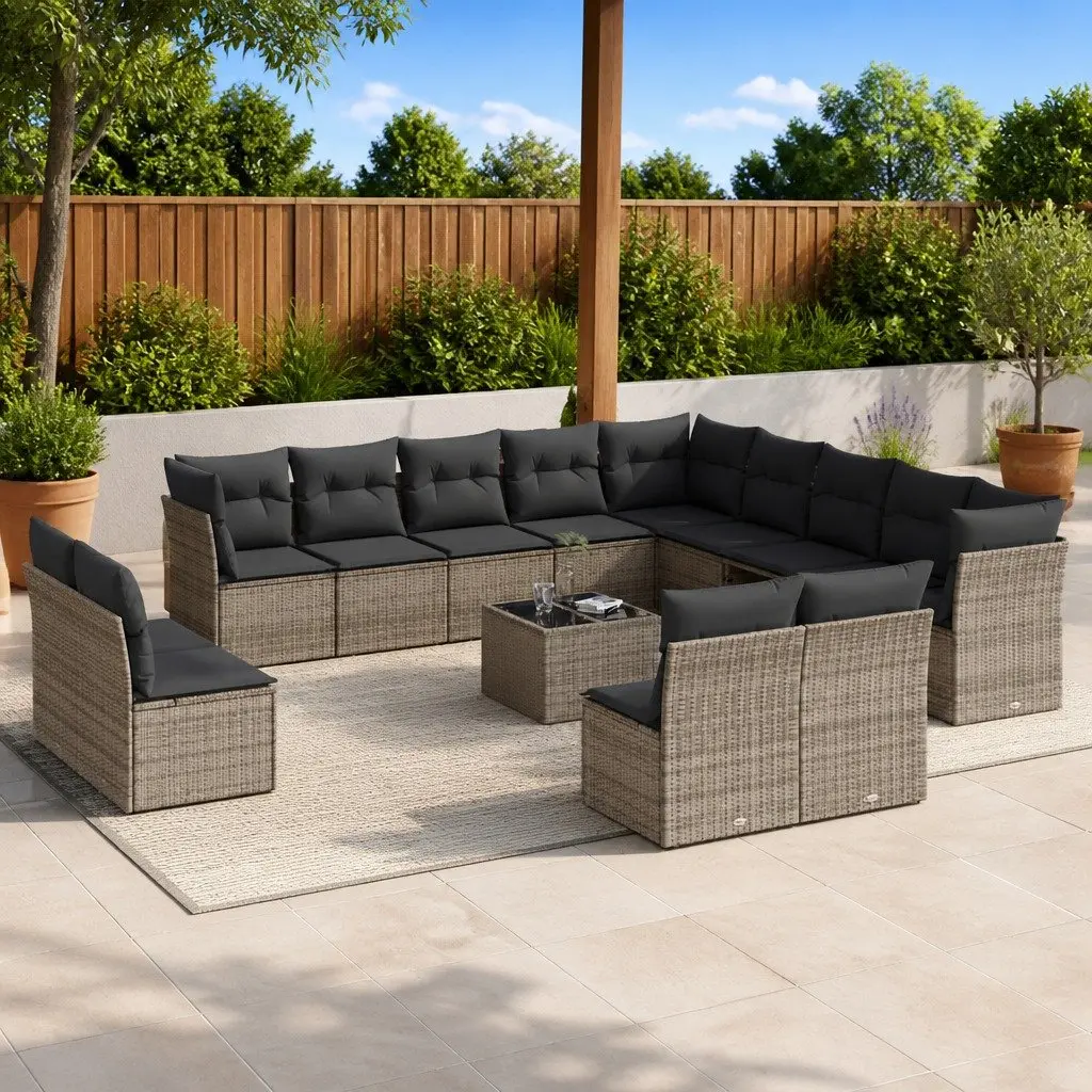 14PieceModularGardenSofaSetGreyPolyRattanOutdoorFurnitureWithCushionsAndTemperedGlassTableTop