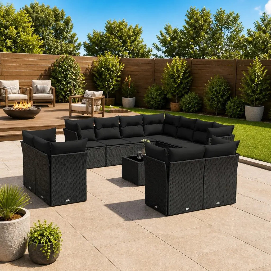 Outdoor Garden Sofa Set 12 Piece Patio Furniture Black Poly Rattan with Cushions