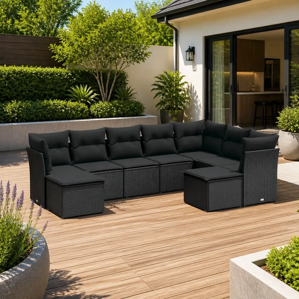 9 Piece Outdoor Patio Furniture Set Poly Rattan with Black Cushions Garden Sofa