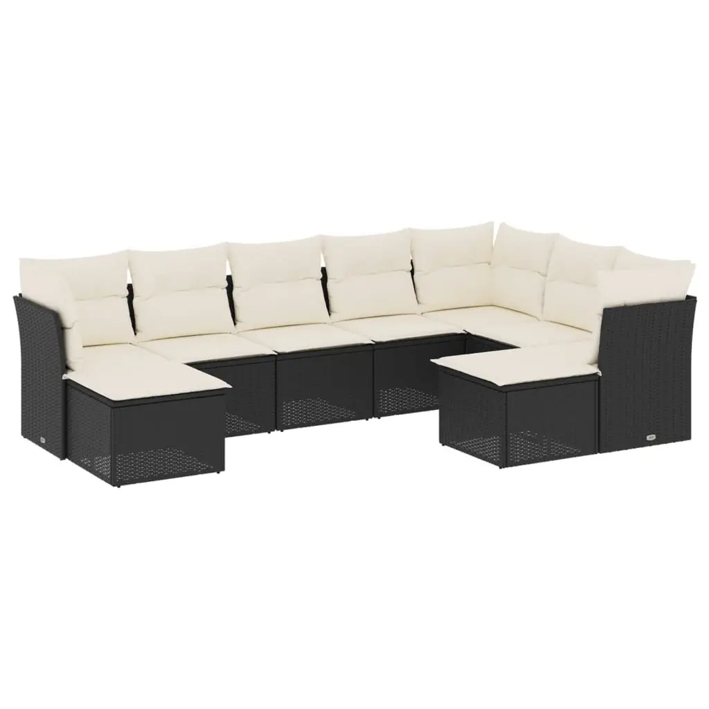 9 Piece Modular Outdoor Sofa Set Black Poly Rattan Patio Furniture with Thick Cushions
