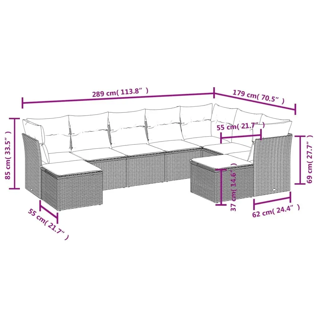 9 Piece Modular Outdoor Sofa Set Black Poly Rattan Patio Furniture with Thick Cushions