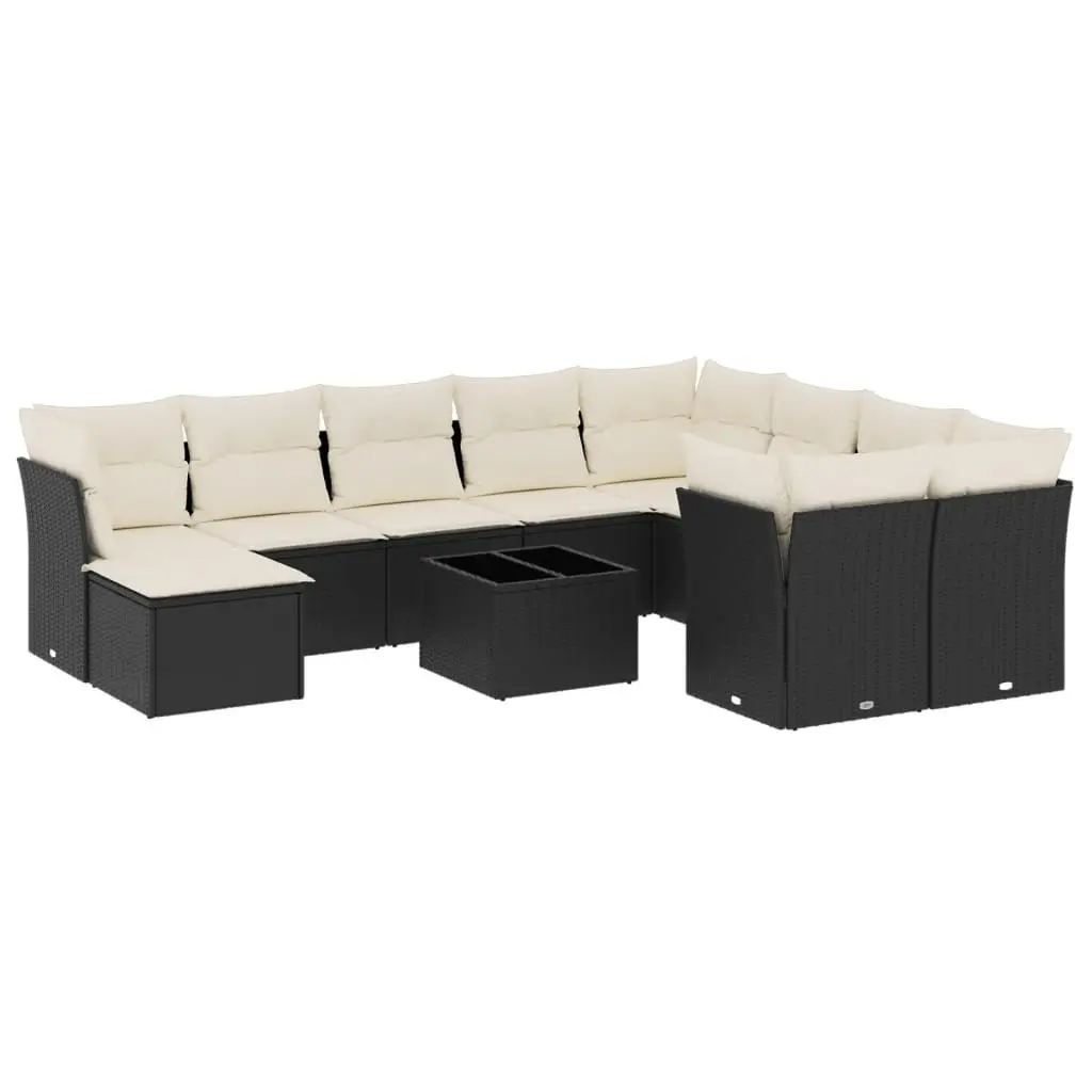 11 Piece Outdoor Sofa Set Modular Black PE Rattan Furniture with Cushions and Tempered Glass Table for Patio and Garden Seating
