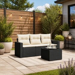 4 Piece Garden Sofa Set Outdoor Patio Furniture Black Poly Rattan with Cushions
