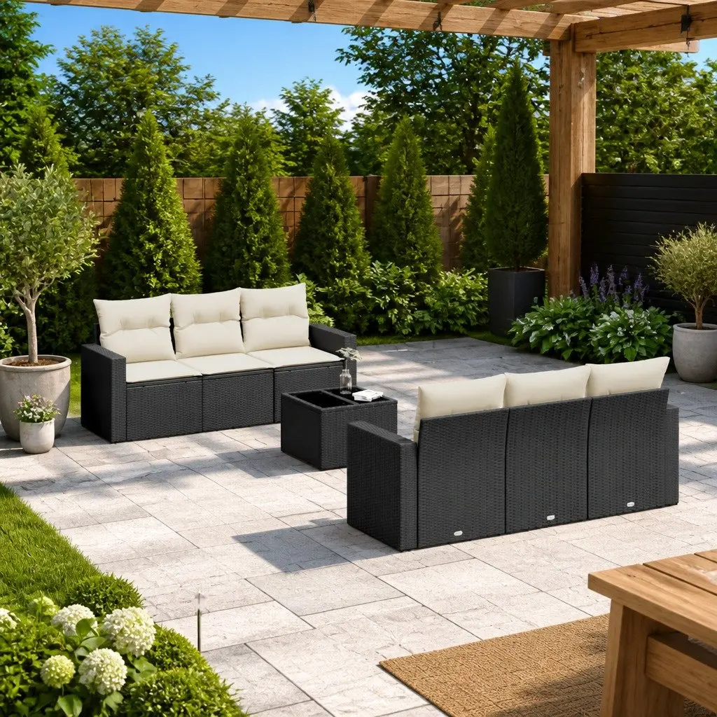 7 Piece Garden Sofa Set PE Rattan Modular Outdoor Patio Furniture Black with Cushions