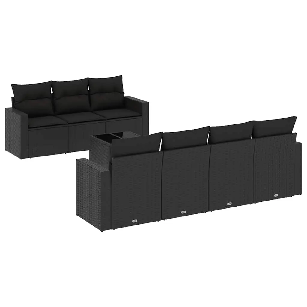 8 Piece Outdoor Furniture Sofa Set Black PE Rattan with Cushions and Tempered Glass Table