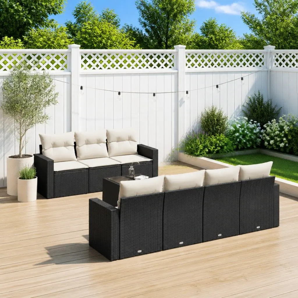 8 Piece Outdoor Furniture Set Modular Black PE Rattan Sofa with Thick Cushions and Tempered Glass Tabletop