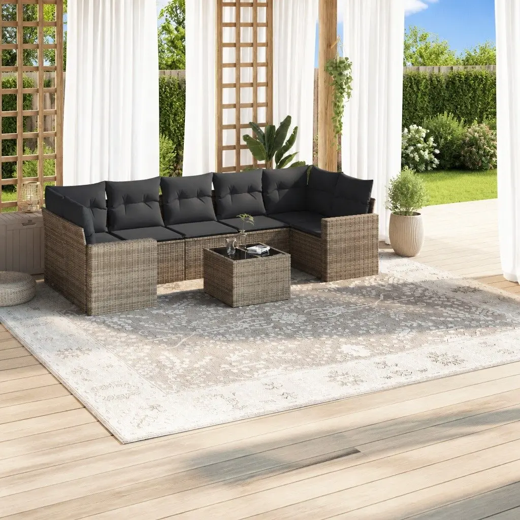 8 Piece Modular Garden Sofa Set Grey PE Rattan Outdoor Furniture with Cushions and Glass Table Top