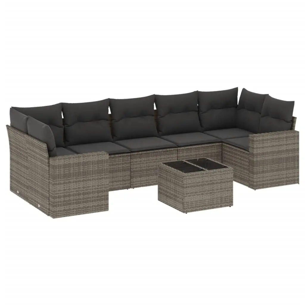 8 Piece Modular Garden Sofa Set Grey PE Rattan Outdoor Furniture with Cushions and Glass Table Top