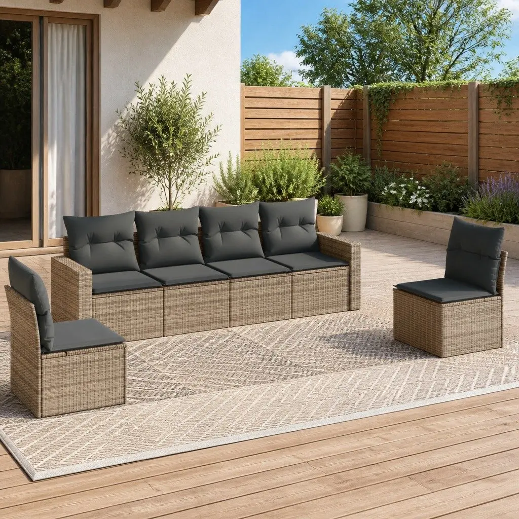 Garden Sofa Set Modular PE Rattan 6 Piece Outdoor Furniture Grey with Cushions