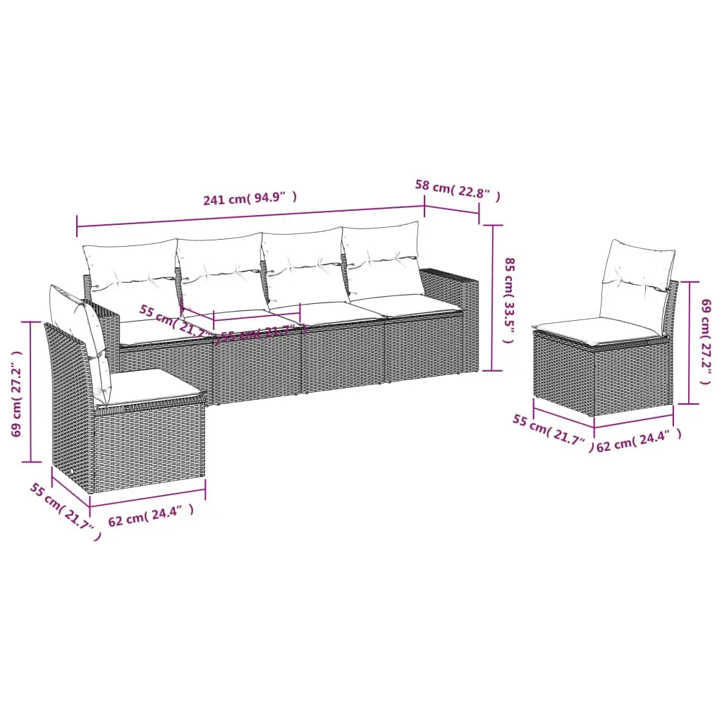 Garden Sofa Set Modular PE Rattan 6 Piece Outdoor Furniture Grey with Cushions